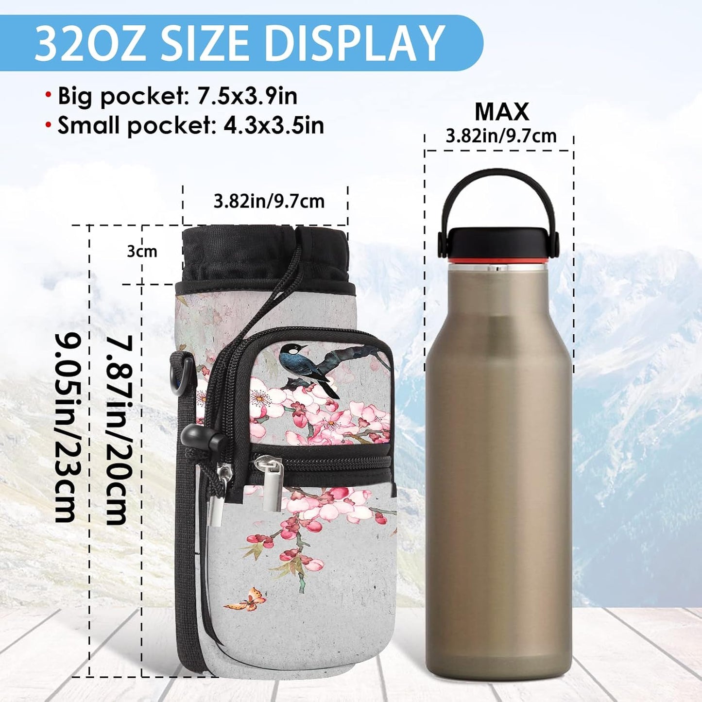 25/32/40/64oz Water Bottle Bag Holder Carrier-Insulated Crossbody Sling Case Sleeve with Strap & Pockets for Men Women Gym Cycling Travel Walking Hiking Camping