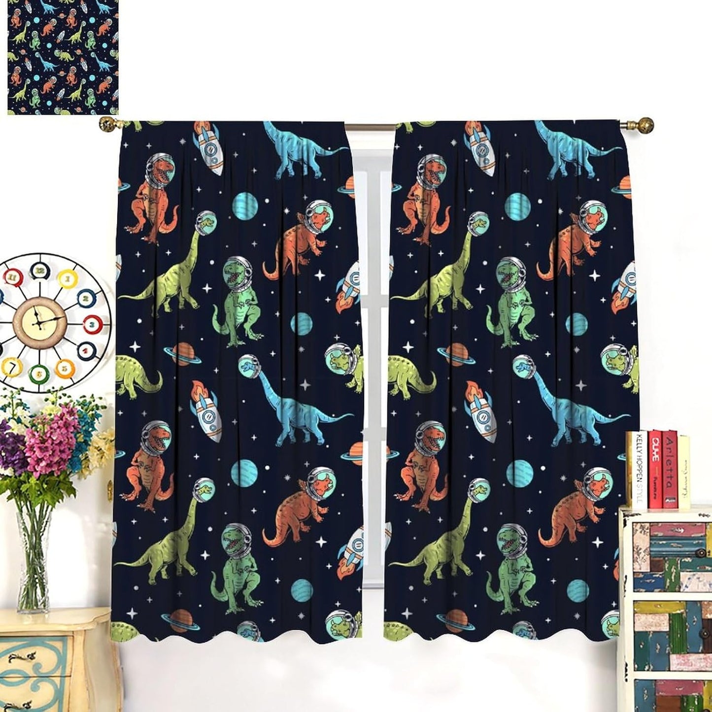Cartoon Dinosaur Curtains for Kids Boys Girls Home Decor, Astronaut Rocket Funny Outer Space Blackout Rod Pocket Window Drapes for Bedroom Living Room W27.5xL63in 2 Panels
