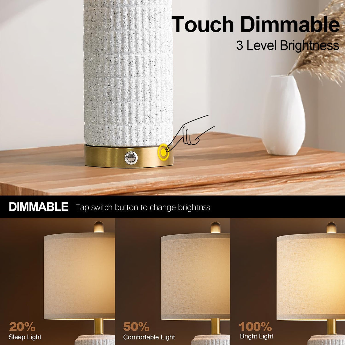 PoKat Touch Bedside Table Lamps with USB Ports for Bedroom, 25'' Dimmable Nightstand Touch Lamps for Night Stands, White Ceramic Lamps with Gold Base for Living Room End Side Table, Frosted White