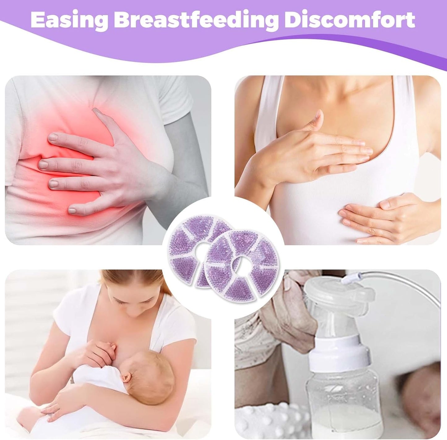 Breast Therapy Ice Packs, Hot and Cold Breast Pads, Breastfeeding Essentials Large Gel Bead Packs for Moms, 2 Pack (Purple, M)