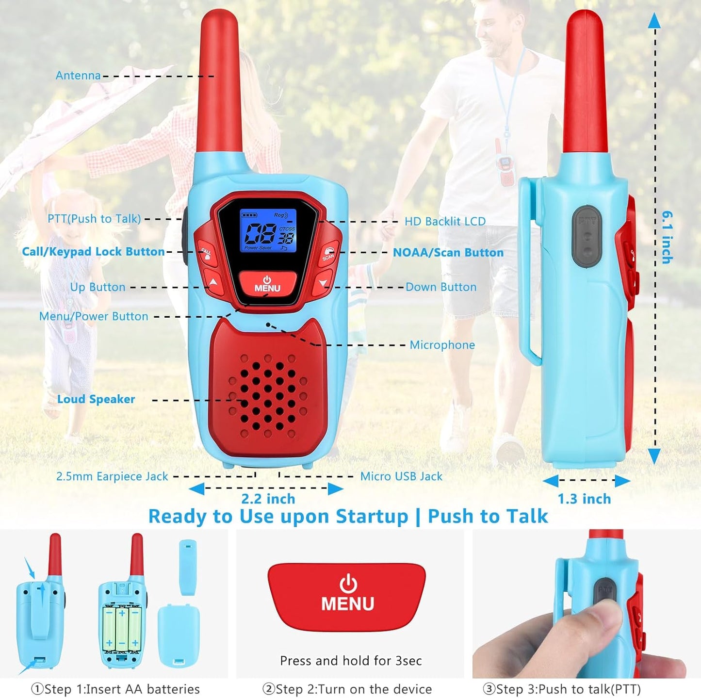 Walkie Talkies Long Range 3 Pack Rechargeable Walkie-Talkies for Kids Girls Boys Toddlers Adults Camping Hiking Skiing Cruise, Family Pink 2 Way Radio Toy with Lanyard Battery 4 Miles VOX NOAA