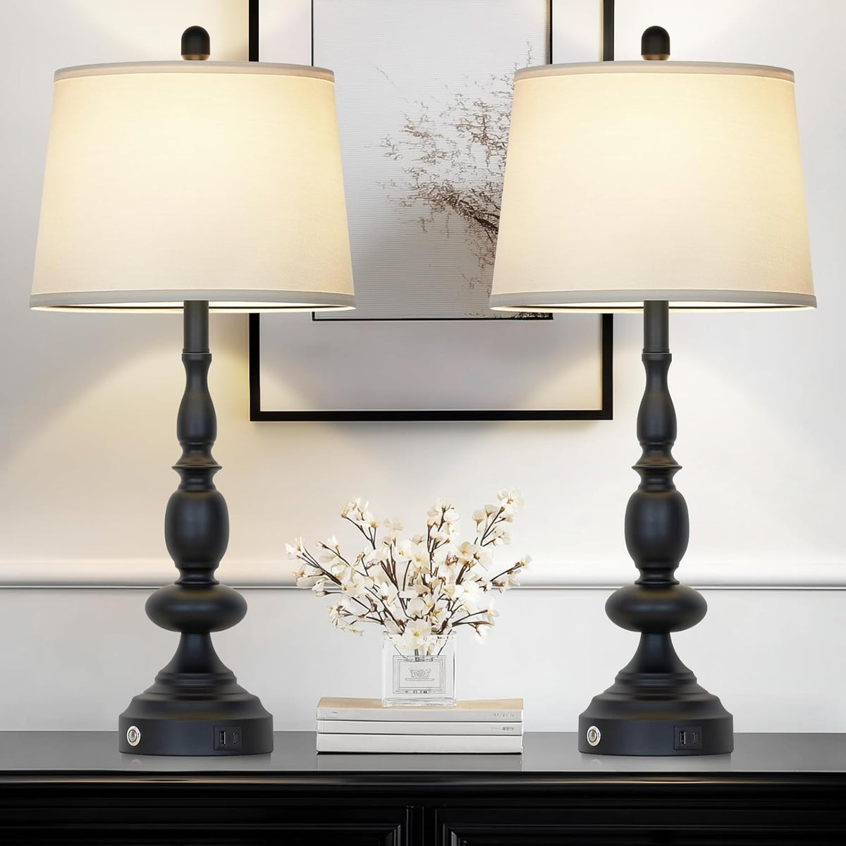 29" Black Modern Table Lamps Set of 2, Industrial Touch Control 3-Way Dimmable Bedside Lamp with USB C+A Ports, Metal Nightstand Lamps for Living Room Bedroom Office Home(2 LED Bulbs Included)