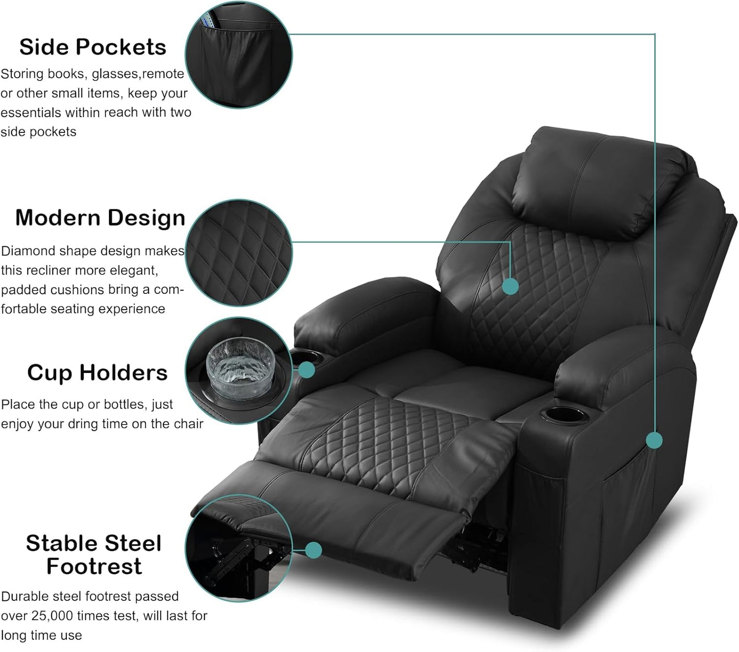 Power Recliner Chair with Heat and Massage for Adults - Home Theater Seating with LED Lights,Cup Holders,Side Pocket,USB Port - Recliner Sofa for Living Room(Black, Set of 2)