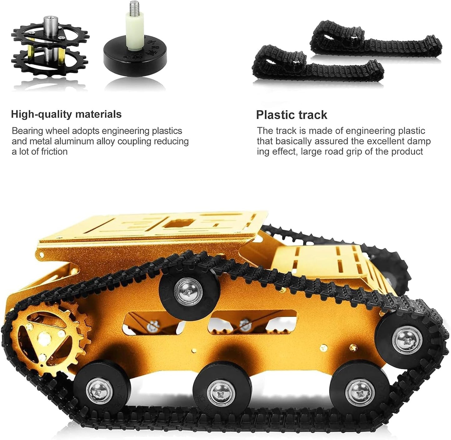 Tank Car Chassis with Motor, Shock Absorbing Robot Chassis Full-Metal Robotic Moving Platform Track Chassis for RaspberryPi Arduino DIY Maker Smart Robot Car Chassis Kit (Gold, with DC Motor)