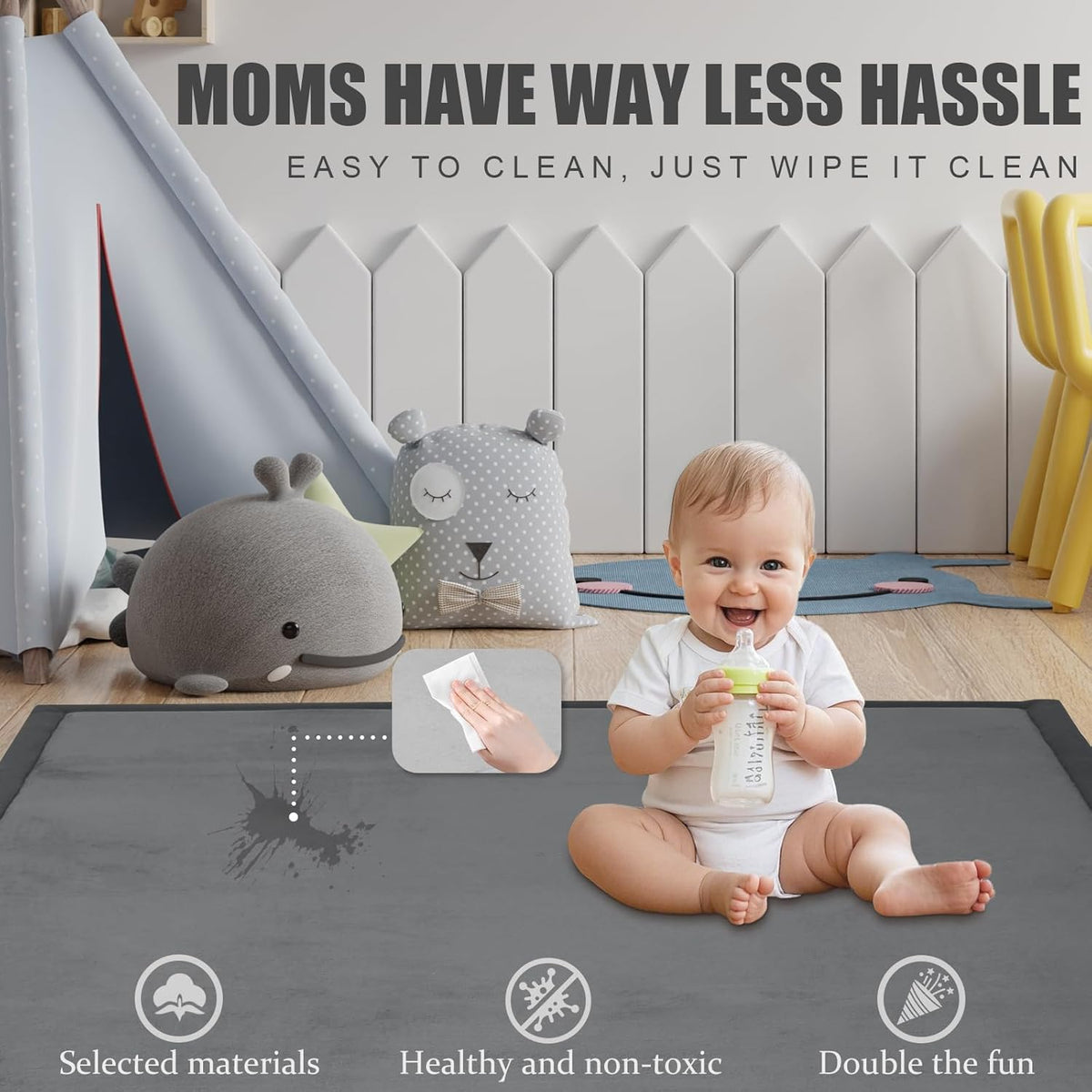 Baby Play Mat for Floor, 1.3"Thick Extra Large Cushioning Memory Foam Playpen Mat, Soft Coral Velvet Baby Crawling Mat with Non-Slip Backing, Baby Nursery Rug for Toddlers, Kids (Dark Grey, 79X59)