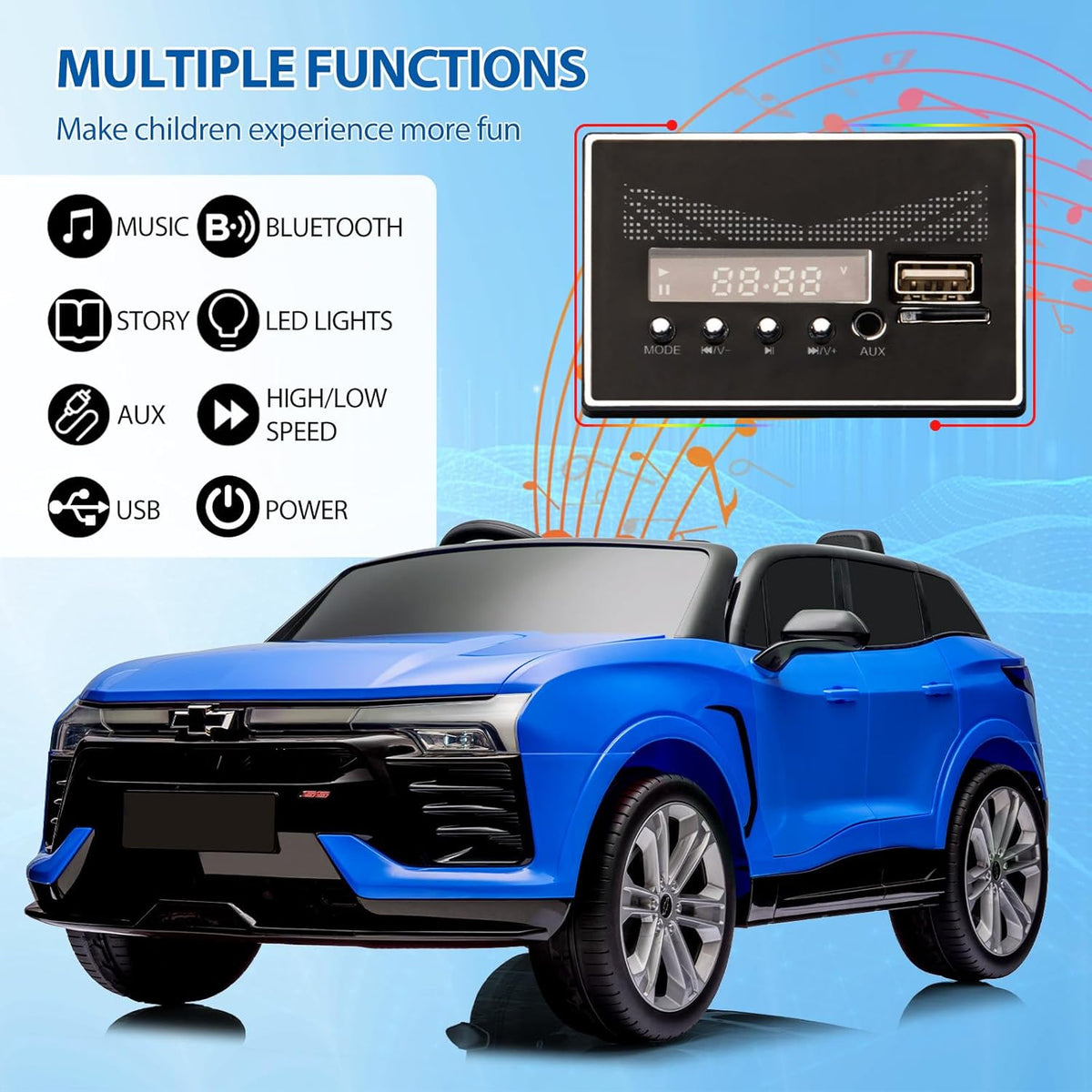 Hetoy 24V 2-Seater SUV Licensed Chevrolet Blazer Ride On Car Toy w/Parent Remote Control, 3 Speeds, Wireless Music, MP3 Player, Electric Car for Kids Ages 3-8, Blue
