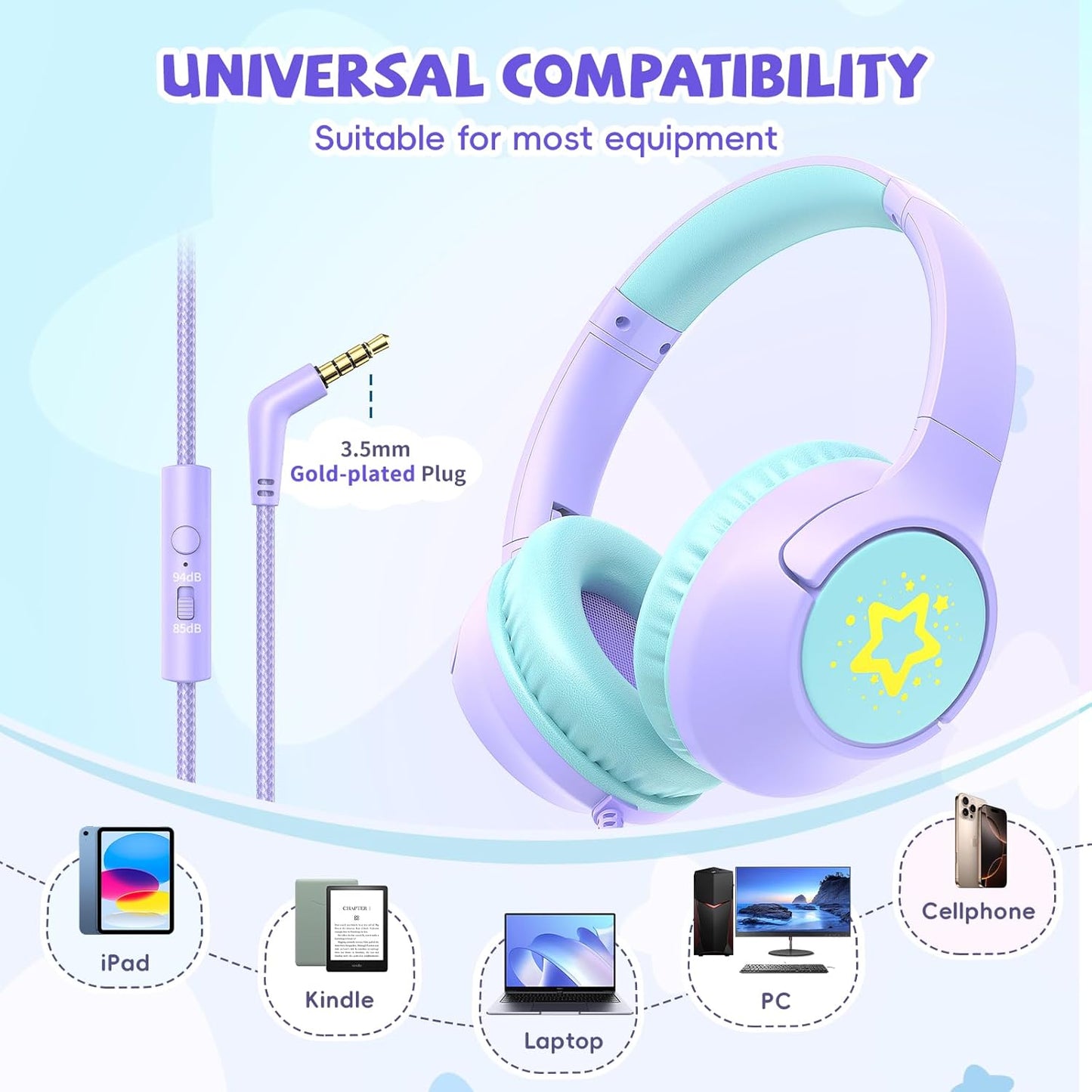 Kids Wired Headphones for School, 85/94 dB Volume Limit, Wired Over Ear Headphones for Girls Kids with Microphone, Foldable Stereo Sound 3.5mm Wire Cord for Kindle Tablet Airplane Travel, Purple