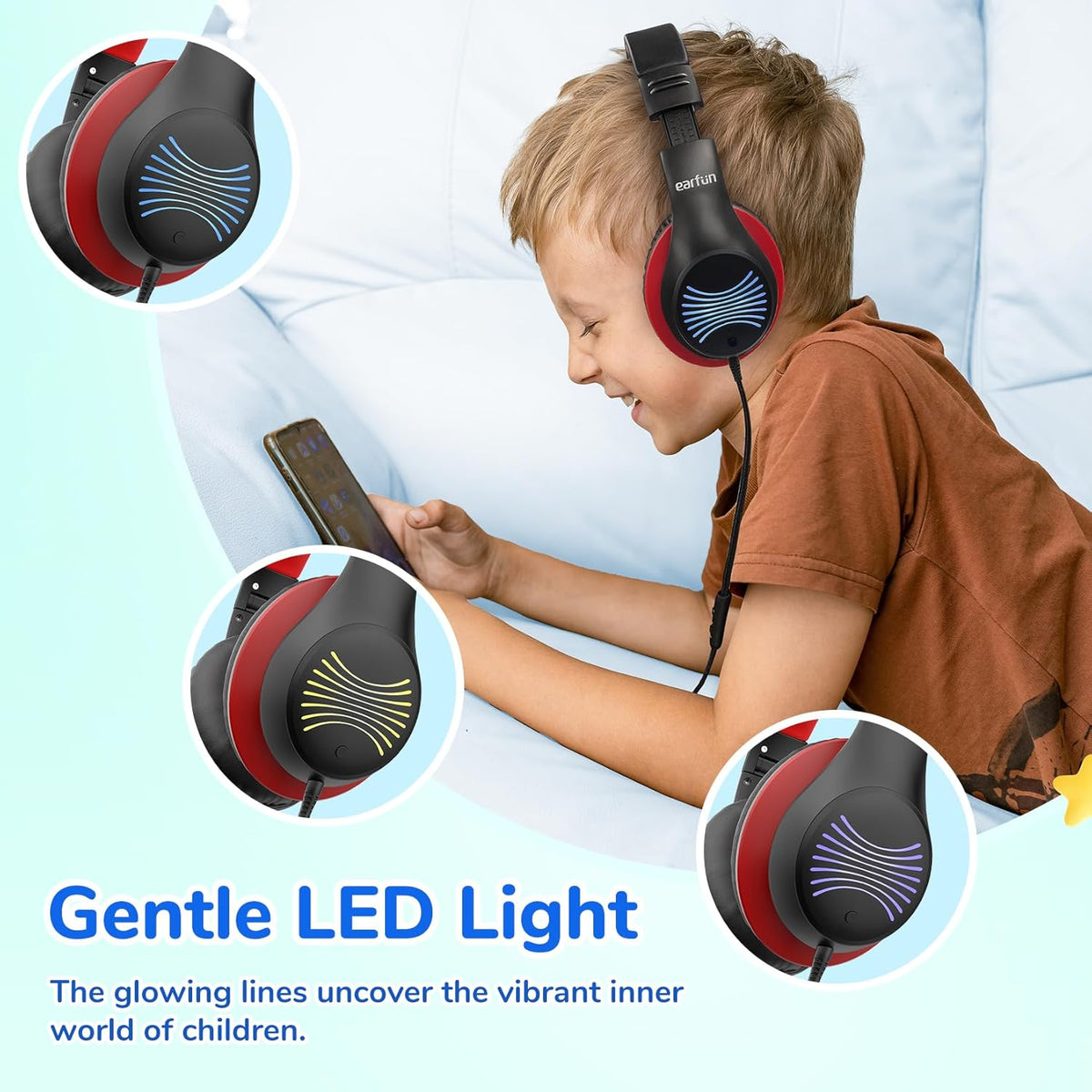EarFun K3 Kids Headphones, Over Ear Headphones with Microphones, 85/94dB Volume Limit, HD Stereo Sound with LED Light, USB-C Cable, Foldable Wired Headphones for School/Boys/Girls/Tablet, Black
