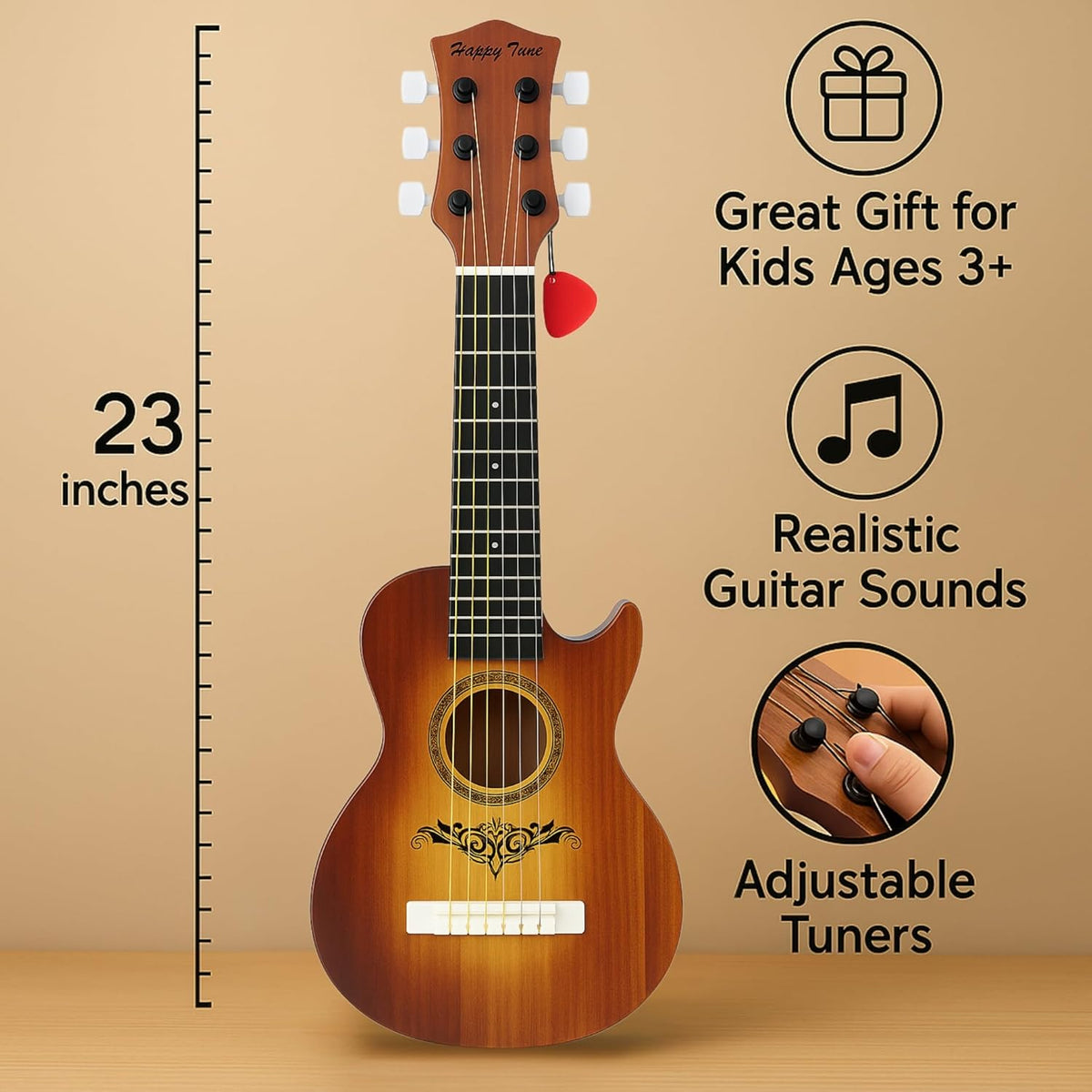 23" Acoustic Guitar, Kids 6 String Toy Guitar - Realistic Steel Strings - Beginner Practice First Musical Instrument for Children, Toddlers (Brown)