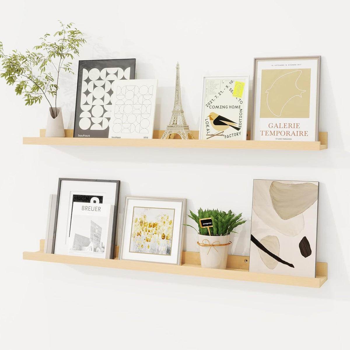 Picture Ledge Shelf, Solid Pine Wood Floating Shelves Set of 2, 32 Inches Nursery Book Shelves for Toys Storage, Kids Bookshelf Wall Mounted for Living Room Decor Photo Frames, Unfinished Natural