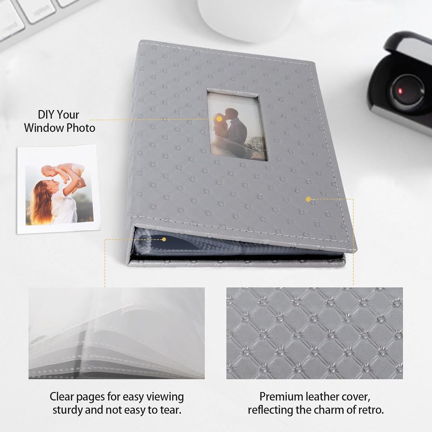 RECUTMS Photo Album 208 Photos for Fujifilm Instax Mini Camera, 2x3 Inch Photo Album, Leather Cover with Window, for Instax Mini 12 11 9 40 90 8 7 Evo LiPlay Instant Camera (Grey)