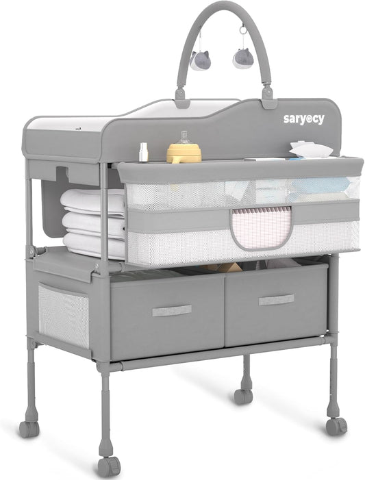 Baby Changing Table, Versatile Folding Changing Table, Waterproof Diaper Changing Station, Adjustable Height with 2 Drawers,Baby Changing Station, Mobile Nursery for Infant and Newborn
