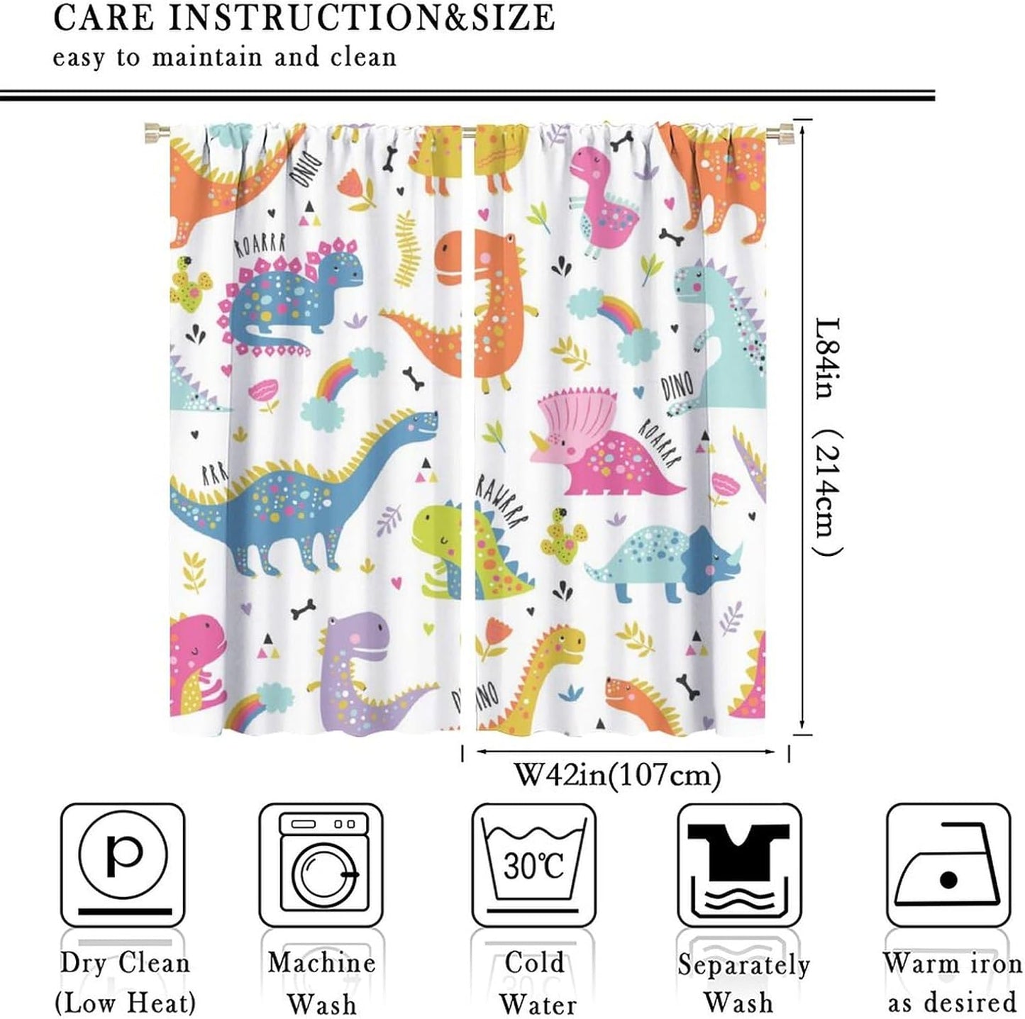 Cartoon Dinosaur Curtains for Kids Boys Girls Home Decor Childish Cute Dino Animals Print Pattern Rod Pocket Blackout Window Drapes for Nursery Baby Bedroom Playroom W42xL84in 2 Panels