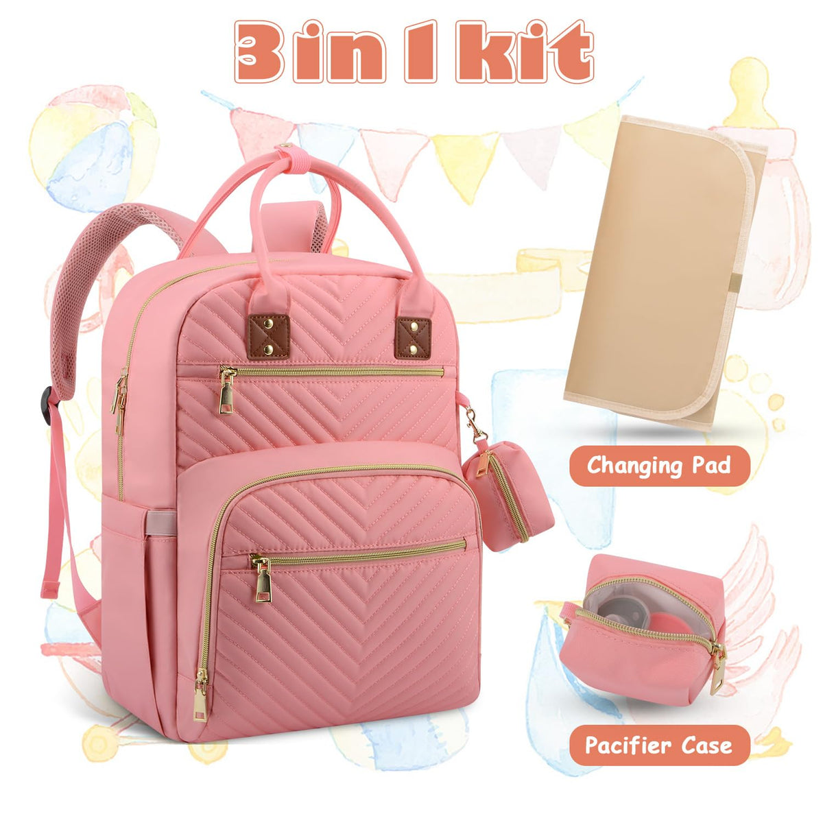Baby Diaper Bag Backpack, Travel Diaper Bags for Baby Girl Boy Large Capacity Baby Bag Backpack for Women Light Pink