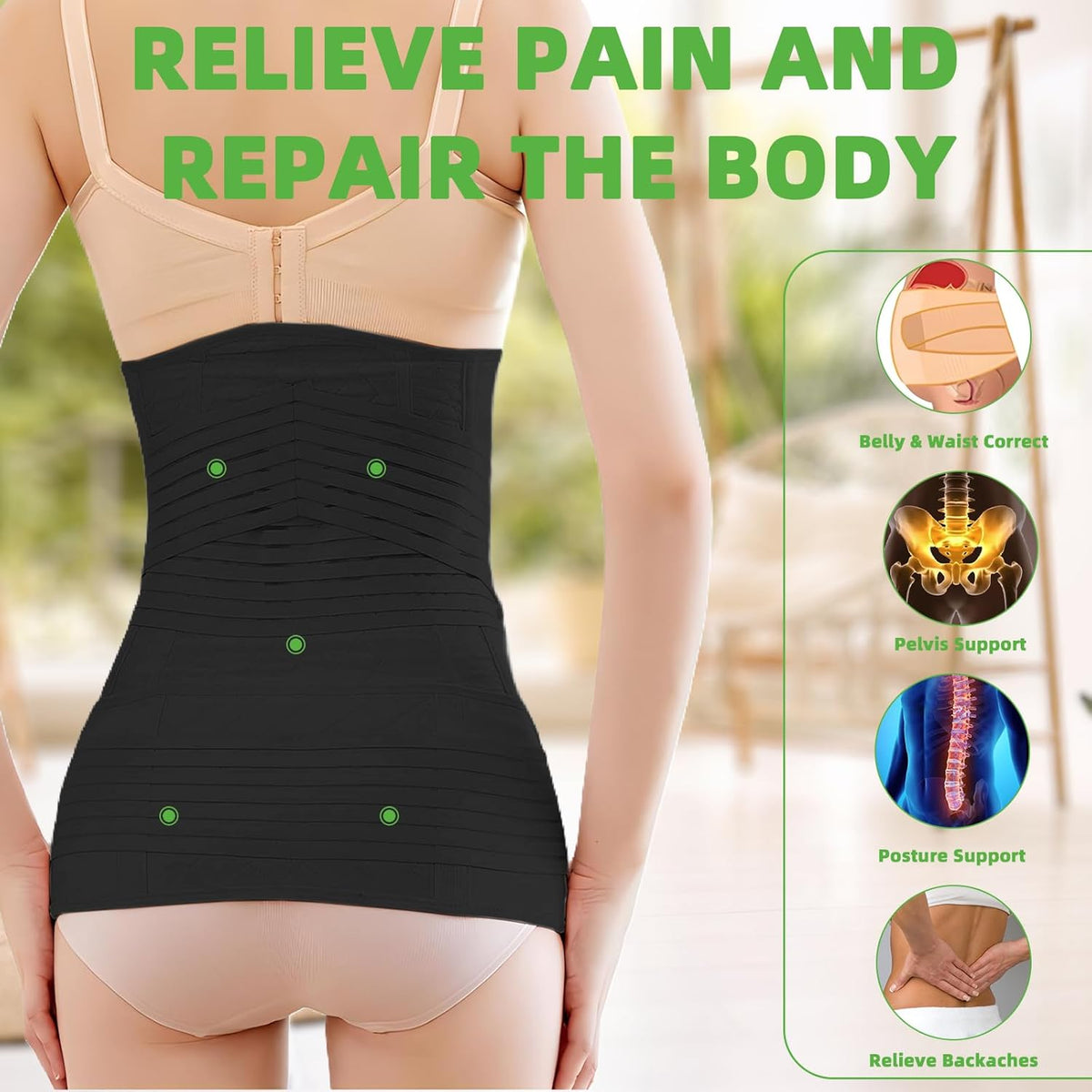 2 in 1 Postpartum Belly Band Wrap Black, C-Section Support Belt Medium, Post Partum Support Recovery Waist/Pelvis Belt, Hysterectomy Belly Band Binder Girdle Stomach