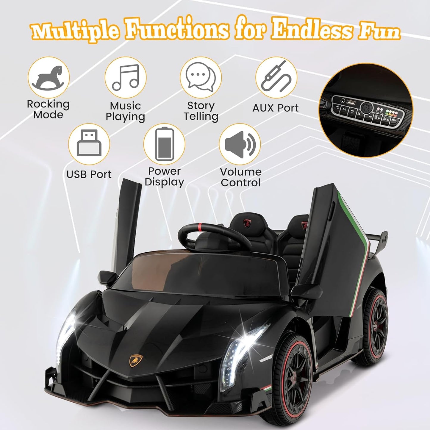 Costzon Ride on Car, Lamborghini Licensed 12V Battery Powered 4WD Sports Car with Remote Control, 3 Speeds, Hydraulic Doors, LED Lights, Towing Wheel, Horn, Music, Electric Vehicle for Kids Aged 3-8