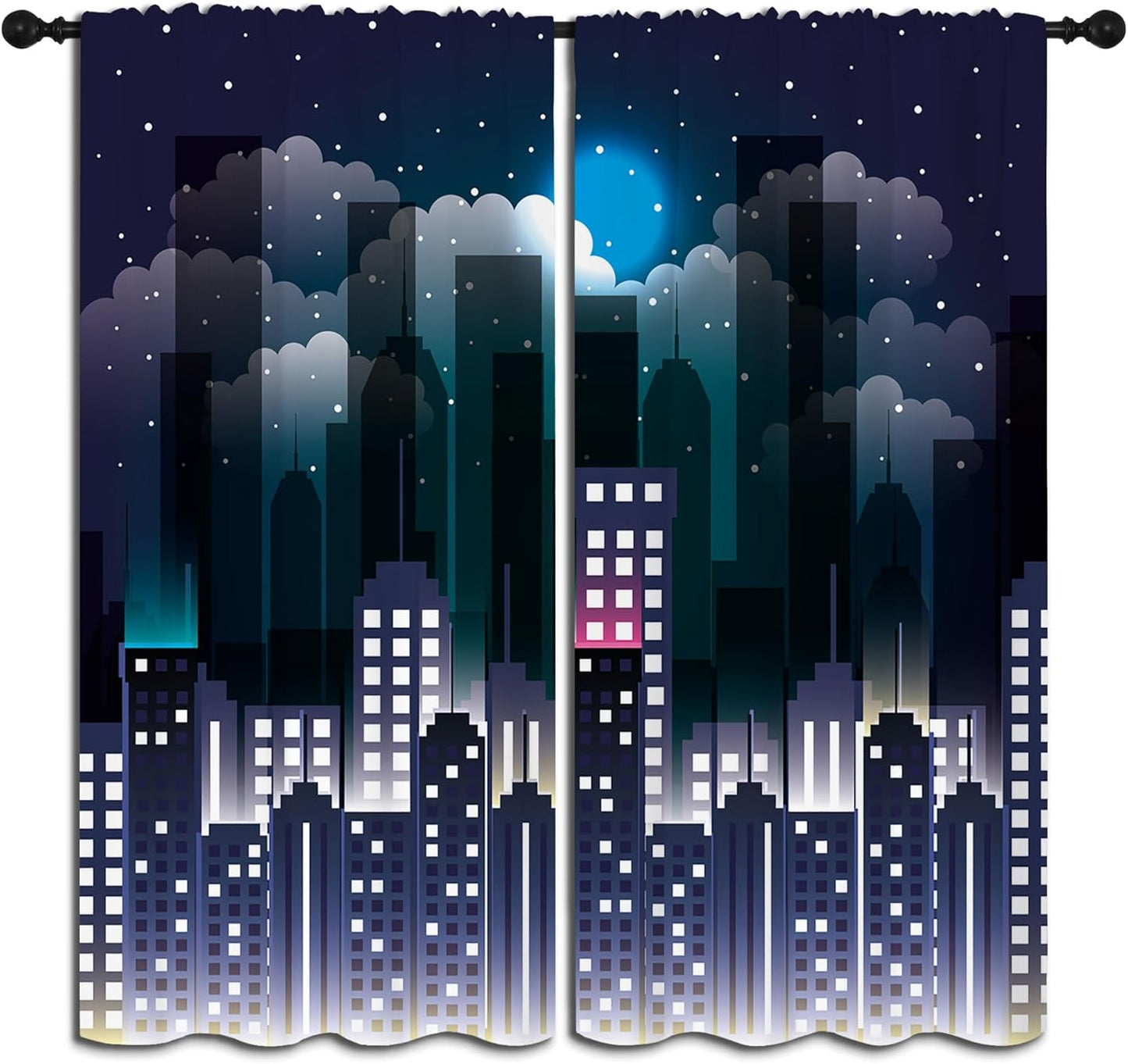 Superhero Rod Pocket Blackout Curtains for Boy Girl Bedroom, Violet Night Sky Buildings Cityscape Home Energy Efficient Light Filtering Window Curtain for Living Room, 42x63 inch