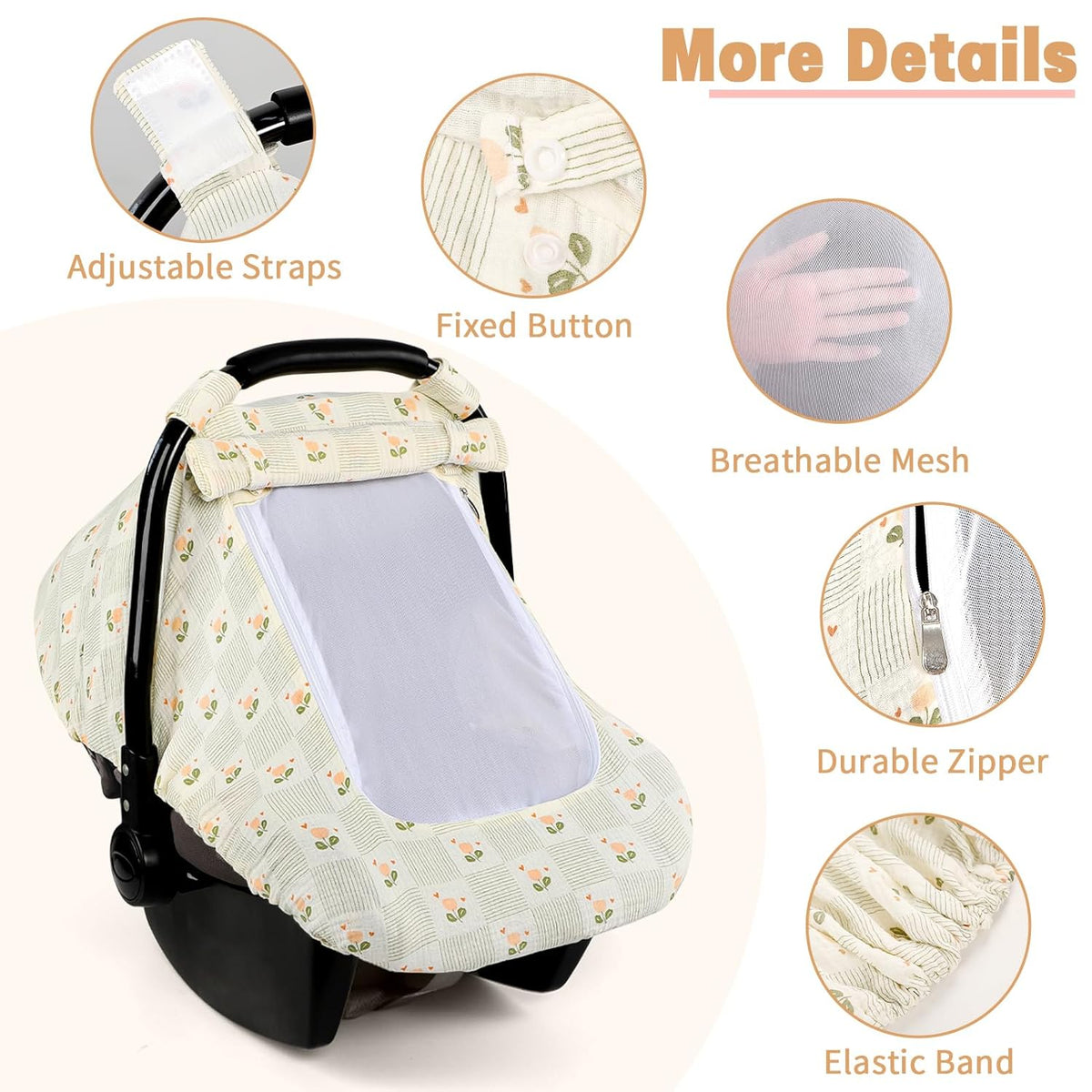 Car Seat Cover Baby, HNHUAMING Muslin Cotton Carseat Covers for Babies Girls Boys Summer Infant Car Seat Covers Canopy, Cozy Newborn Carseat Covers Stroller Cover with Breathable Mesh Window, Floral