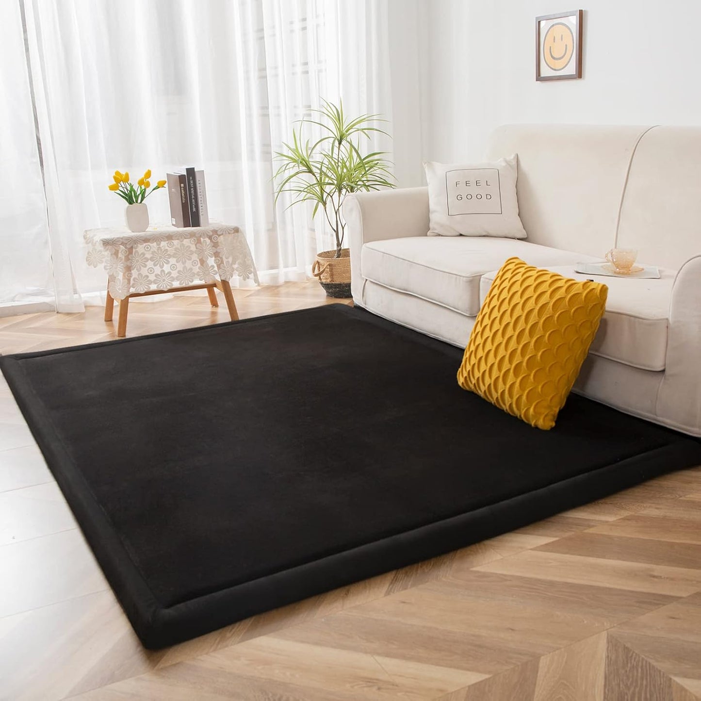 MAXYOYO Black Coral Velvet Area Rug, Thick Japanese Tatami Mat Living Room Carpet with Non-Slip Backing, Large Solid Color Mat for Bedroom Dormitory Yoga, 49 by 49 inch