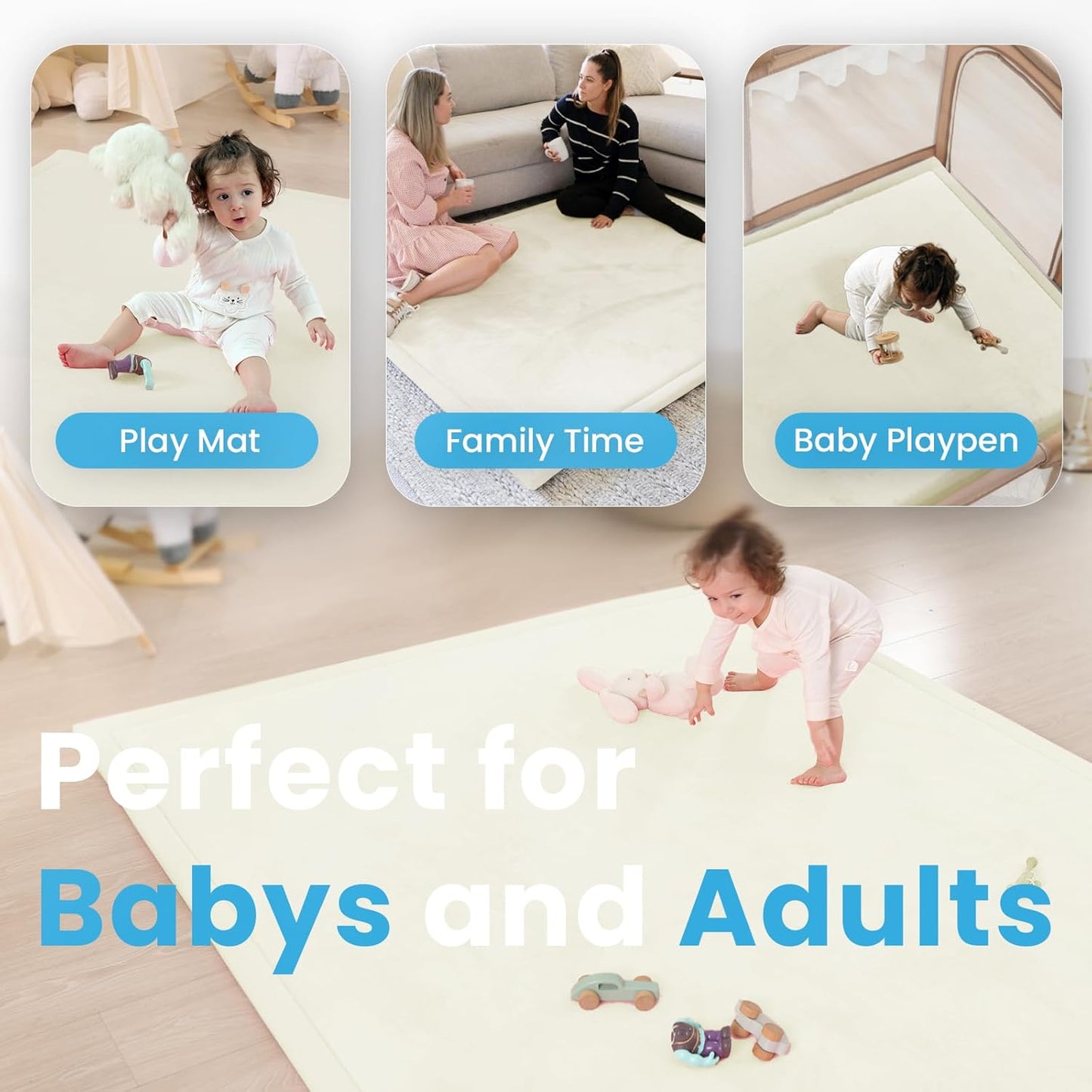Ultra Soft Baby Play Mat,1.3" Thick Elasti-Foam Tummy Time Mat for Infants,Toddlers,Kids,Water-Repellent Coral Fleece Nursery Rug,Non-Slip Safe for Crawling&Hardwood Floors(Ivory)