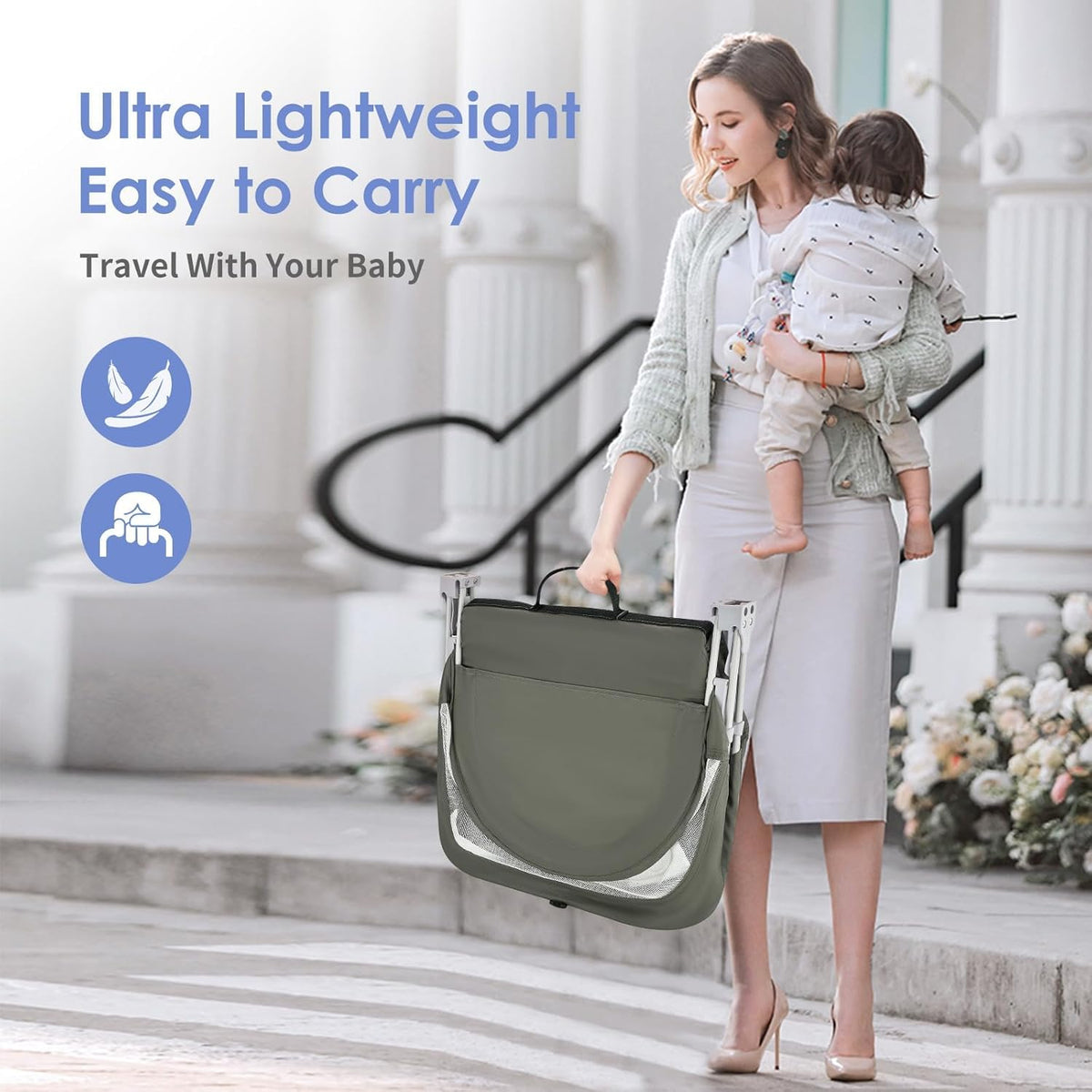 Portable Baby Bassinet Travel Baby Bed, Baby Cribs Travel Pod for Outdoors Baby Lounger Infant Travel Bed with Mosquito Net and Sunshade Canopy, Lightweight Washable