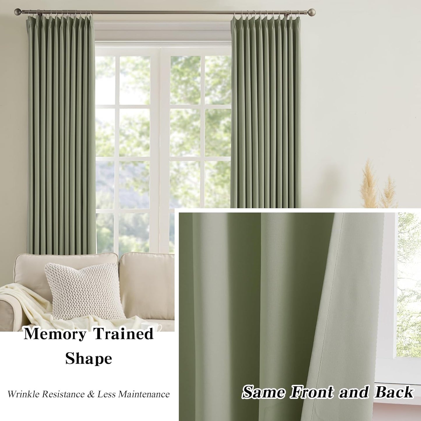 Sage Green Pinch Pleat Curtains 72 Inches Long Thermal Insulated Dark Black Out Short Drapery for Bedroom Light Blocking Window Covering Room Darkening Drapes for Living Room 40x72 2 Pieces
