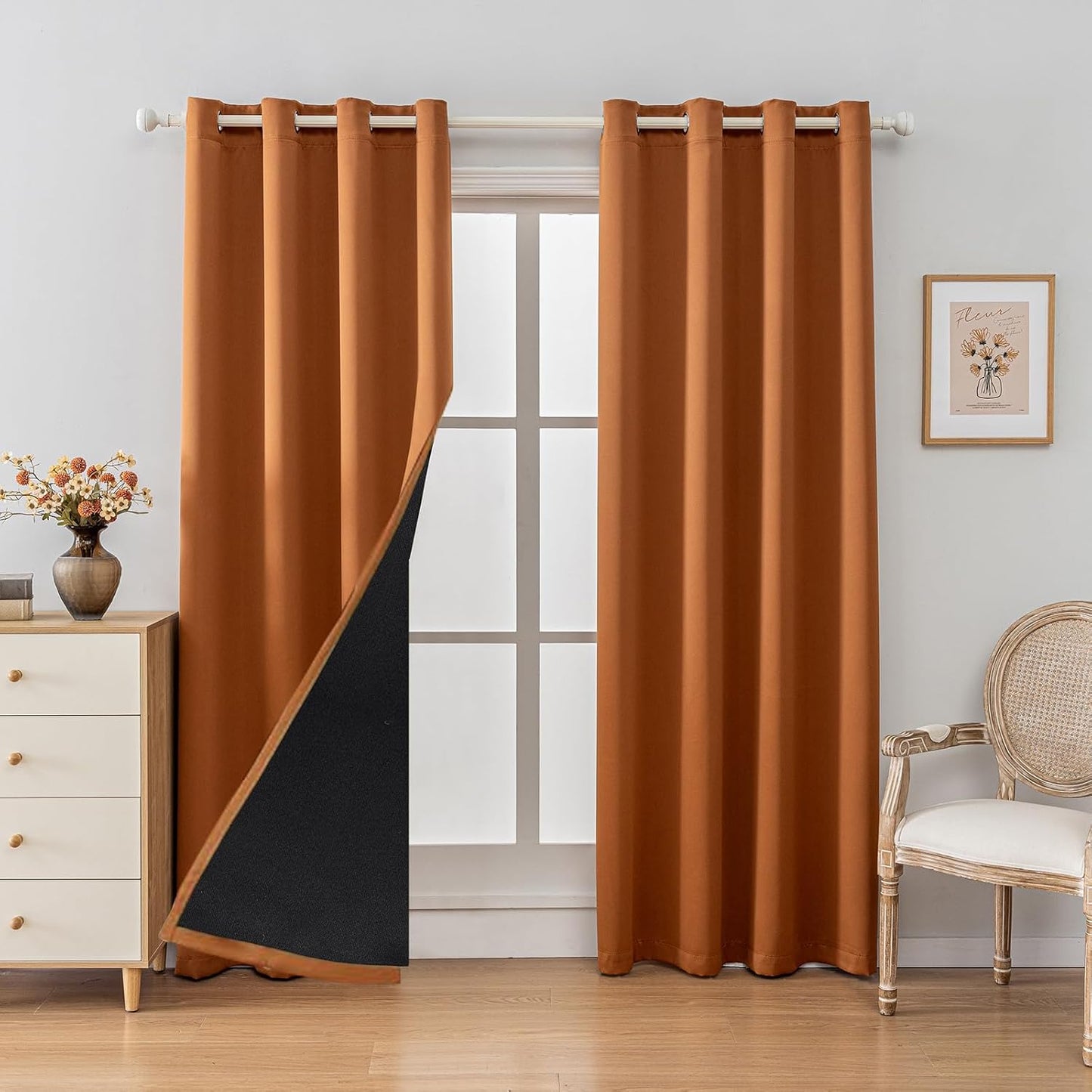 Anytime 100% Blackout Curtain Set, Thermal Insulated & Energy Efficiency Window Draperies for Guest Room, Full Shading Panels for Shift Worker and Light Sleepers（Orange, 2 Panels, 52W x 80L）