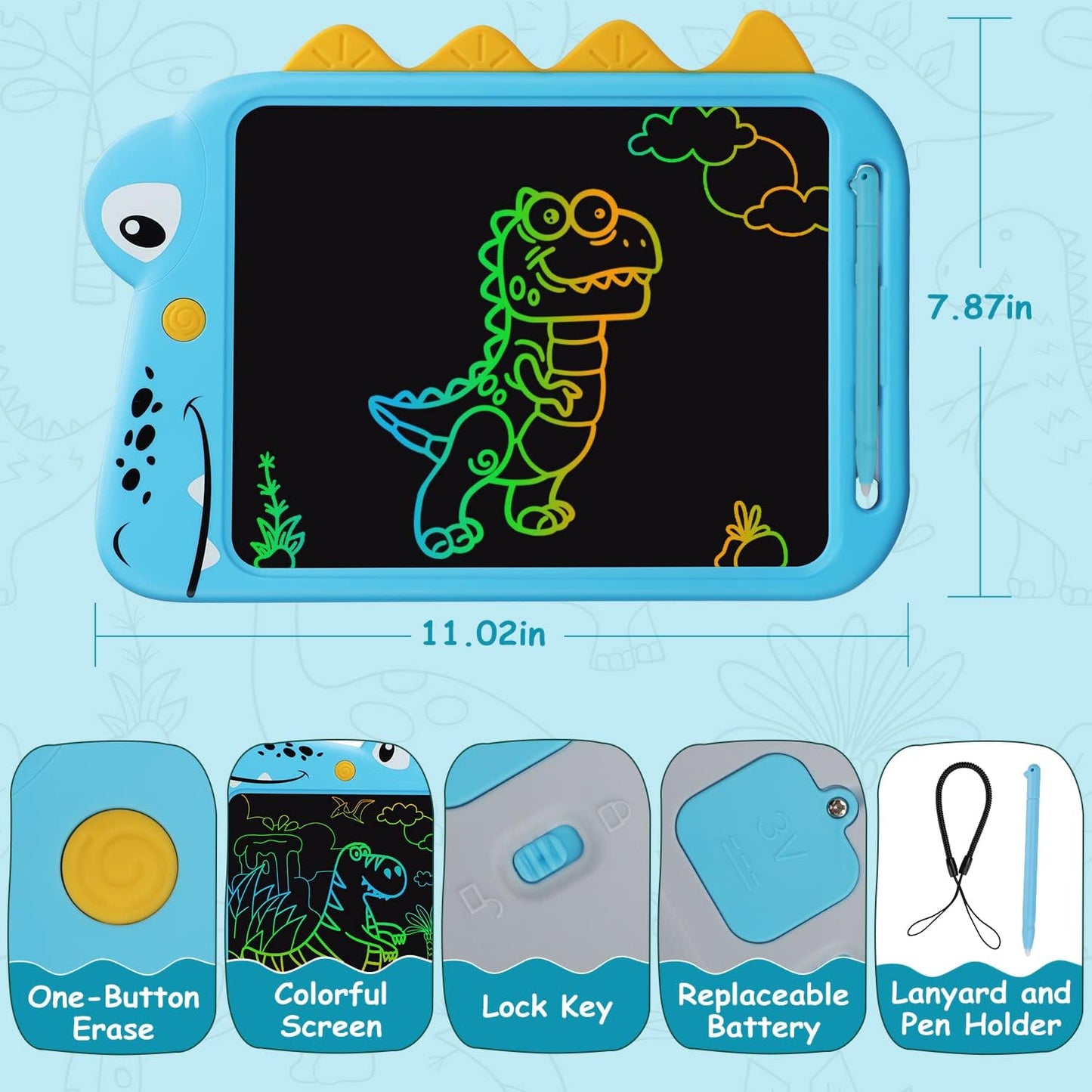 LCD Writing Tablet for Kids, 10 Inch Colorful Drawing Board, Learning Educational Toddler Toys Gifts for Kids, Drawing Tablet Gift for Boys Girls 3 4 5 6 7 8 Years Old (Blue-Dinosaur)