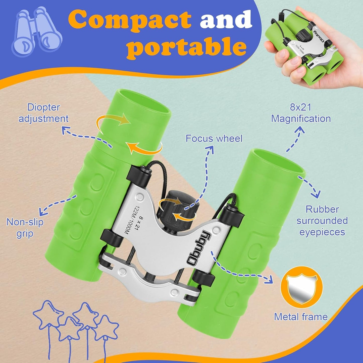 Obuby Real Binoculars for Kids Gifts for 3-12 Years Boys Girls 8x21 High-Resolution Optics Compact Toy Binocular for Bird Watching,Travel, Camping