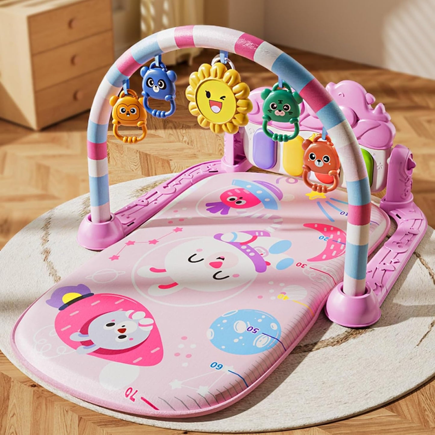 Alive Lovely Baby Gyms Play Mats, Musical Activity Center Baby Piano Gym Mat, Music and Lights Tummy Time Padded Mat for Newborn Newborn 0 to 3 6 9 12 Months