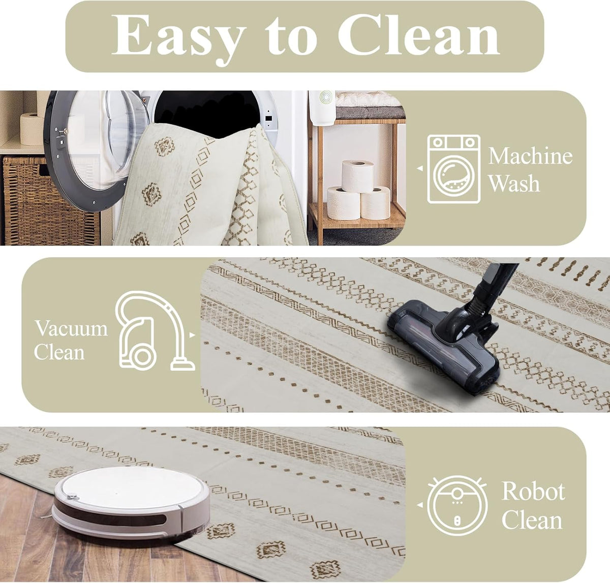 Washable Rugs 5x7 Area Rugs for Living Room, Thin Carpet for Bedroom, Boho Soft Faux Wool Retro Dining Room Rug，Non Slip&Non-Shedding Resistant Low Pile Vintage Print Rug for Home Office (Beige)