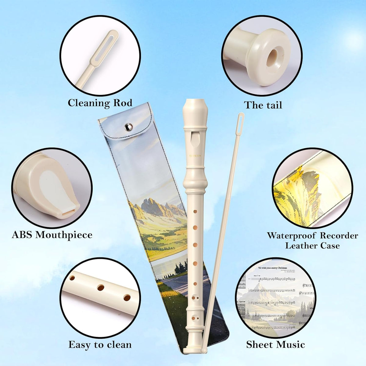 SDREAM Soprano Recorder Instrument for Kids Beginners&Student,8 Hole German Fingering Recorder Flute with Cleaning Rod & Leather Bag (White)
