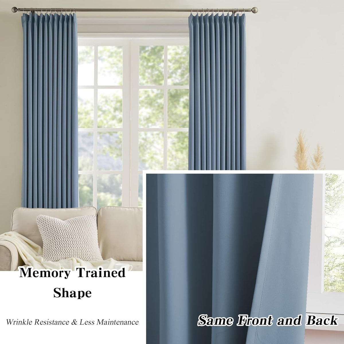 KEQIAOSUOCAI 92 Inch Boys Pleated Curtains,Pinch Pletaed with Hooks,Thermal Insulated Room Darkening Home Decor Curtain Planels for Bedroom Living Room (Dusty Slate Blue, 2 Panels, 40 Each Wide)