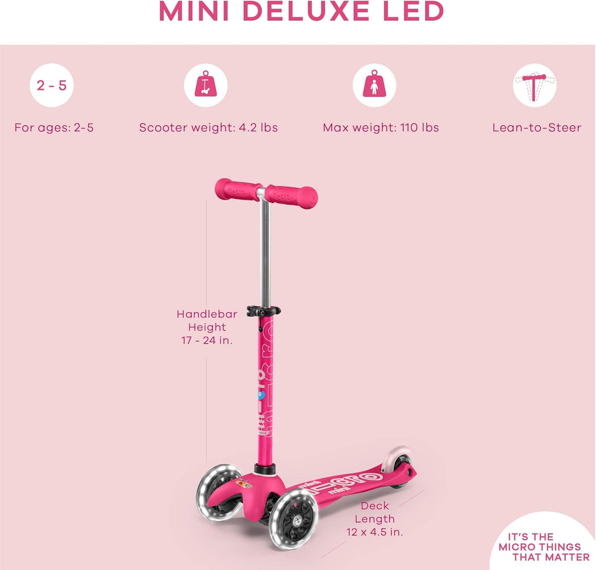 Micro Kickboard Mini Deluxe LED Three-Wheeled Lean-to-Steer Swiss-Designed Micro Scooter