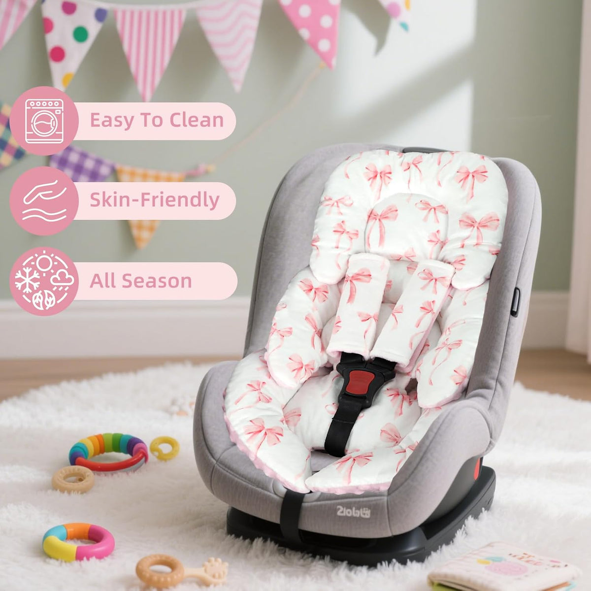 Infant Car Seat Insert Cushion, Baby Car Seat Head Body Support for Girls & Boys, Reversible Newborn Car Seat Insert with 2 Extra Strap Paddings, Premature Car Seat Cushion, Pink Bow