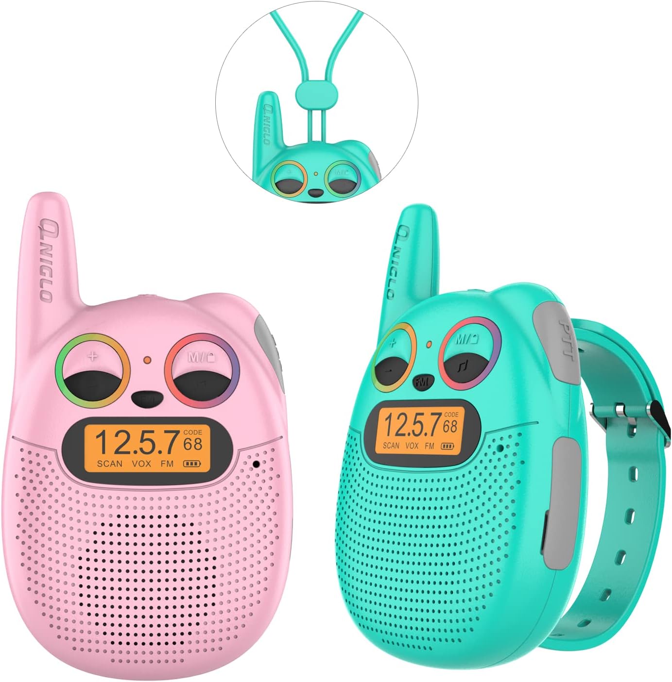 Qniglo Walkie Talkies for Kids Rechargeable, 2 Pack with FM Handheld Walki Talki with Wearable Lanyard & Wrist for Outdoor Camping Games & Birthday Xmas Toys Gifts for Boys Girls Kids