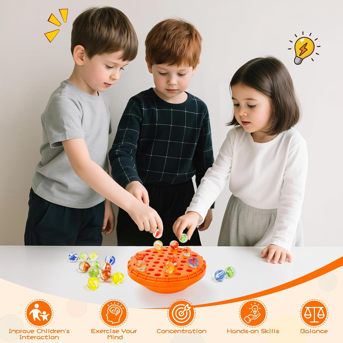 Marble Balance Game - 50 Colorful Marbles with Built-in Storage, Fun Family Challenge for 1-4 Players, Educational Toy for Kids & Adults, Perfect for Parties, Travel & Birthday Gifts (Pumpkin Orange)