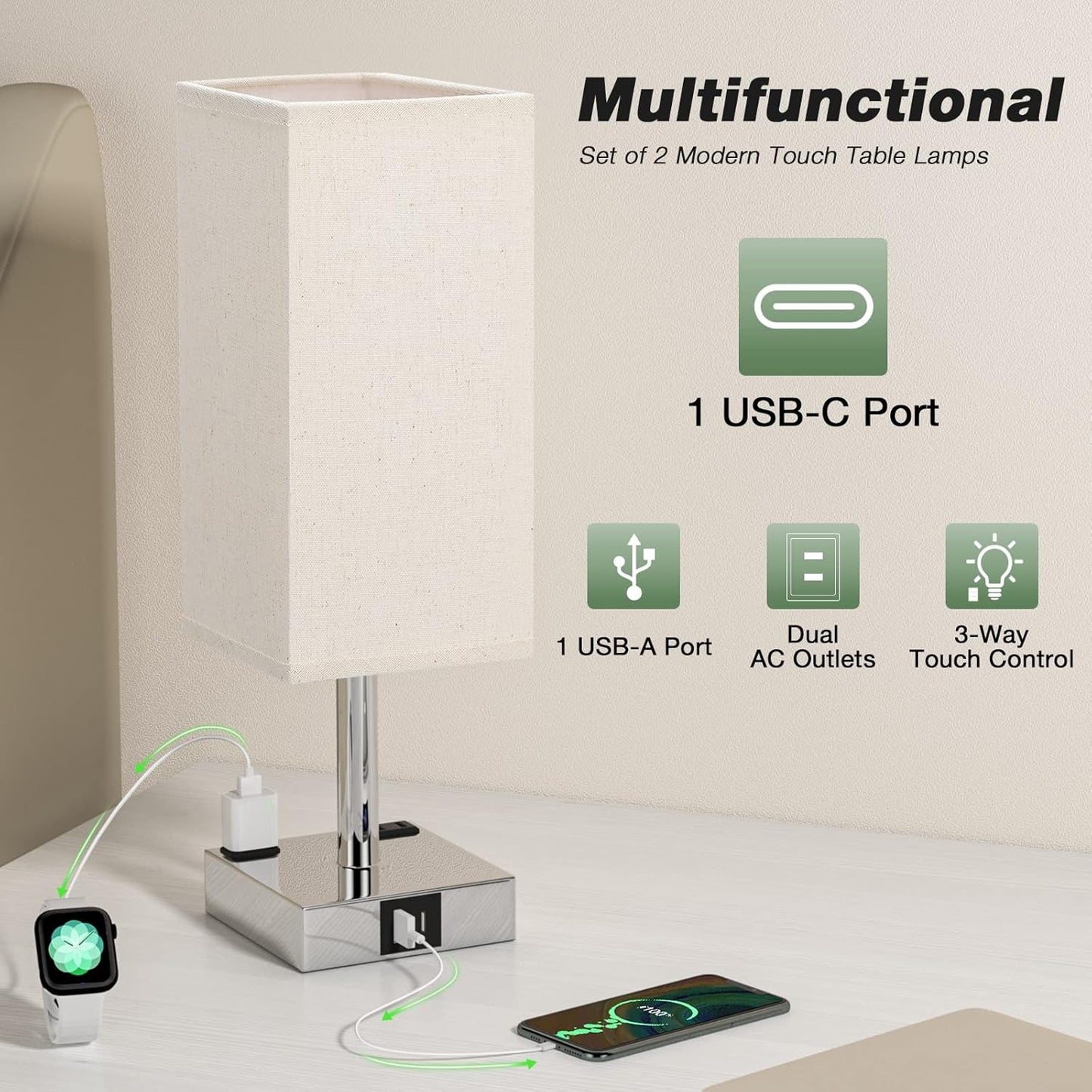aooshine Beige Set of 2 Touch Lamp with USB Port-Nightstand Lamp with USB-C+A Charge Ports& AC Outlets, 3-Way Dimmable Bedside Lamp with Shade,Small Table Lamp for Bedroom Living Room(Bulb Included)
