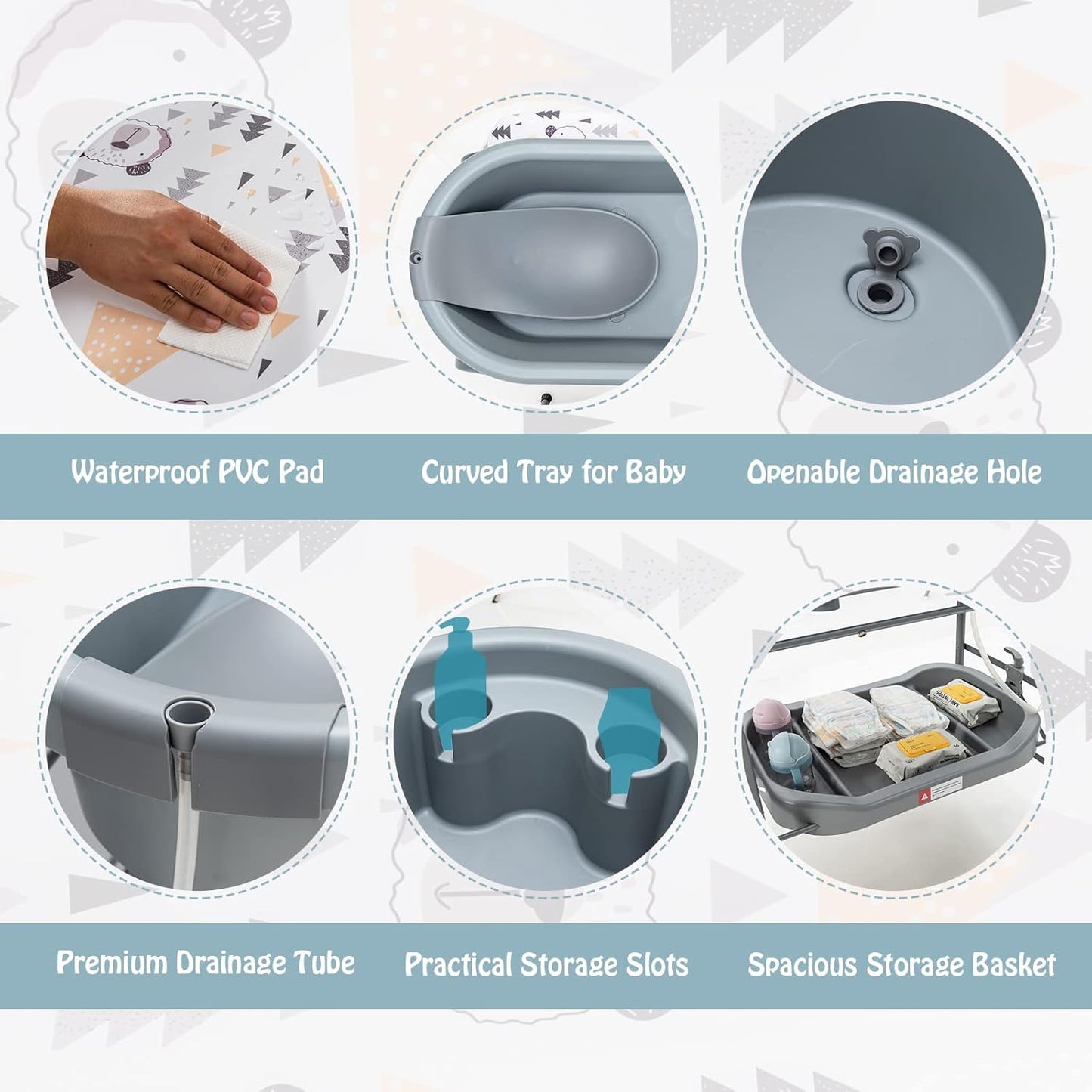BABY JOY Baby Bathtub with Changing Table, Foldable Infant Diaper Changing Station with Storage Tray, Waterproof Pad, Portable Newborn Nursery Organizer Bath Stand with 4 Universal Wheels (Gray)