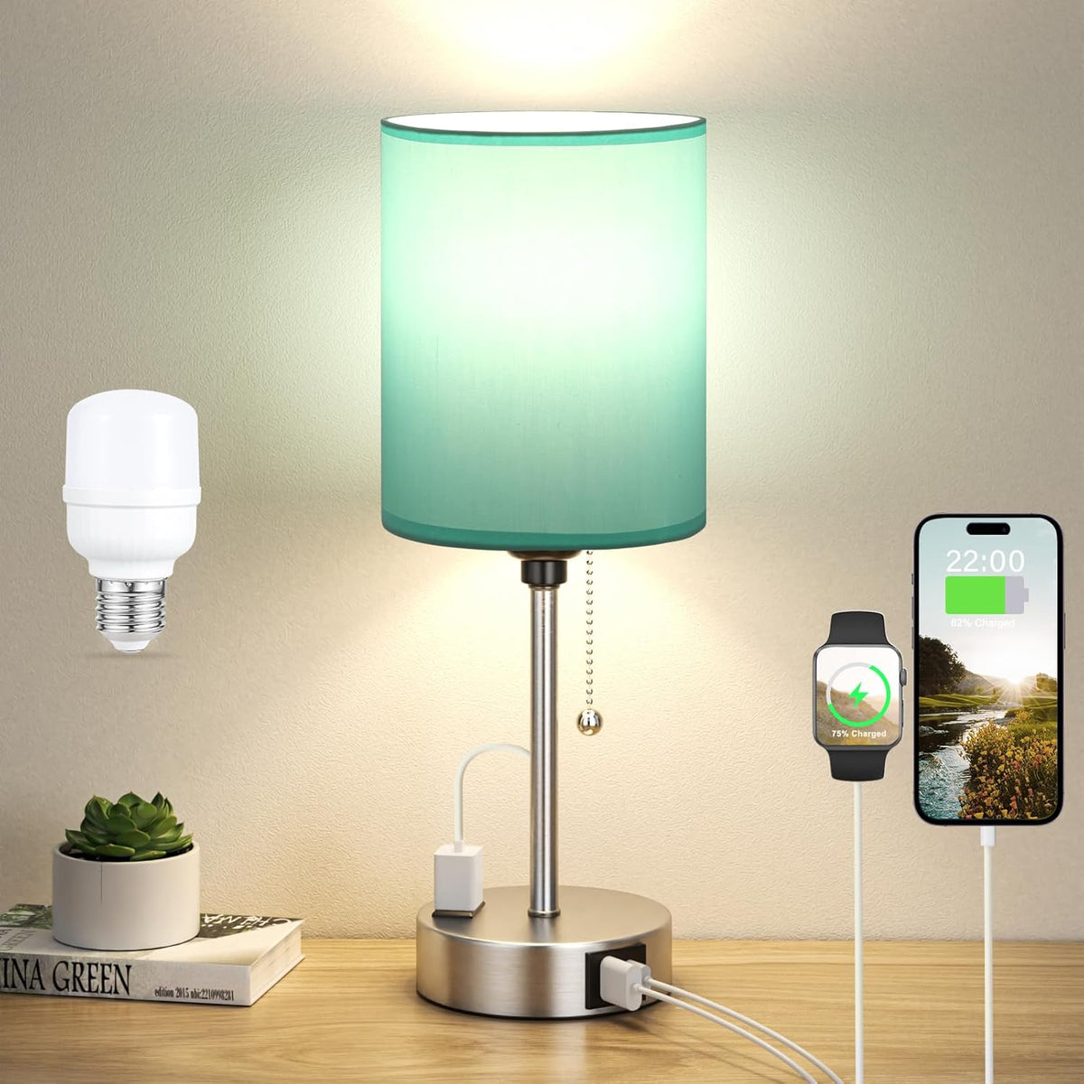 Teal Bedside Lamp for Nightstand - 3 Color Temperature Table Lamp with USB C and A Ports, Pull Chain Lamp for Bedroom with AC Outlet, Coastal Desk Lamp with Silver Metal Base for Kids Girls