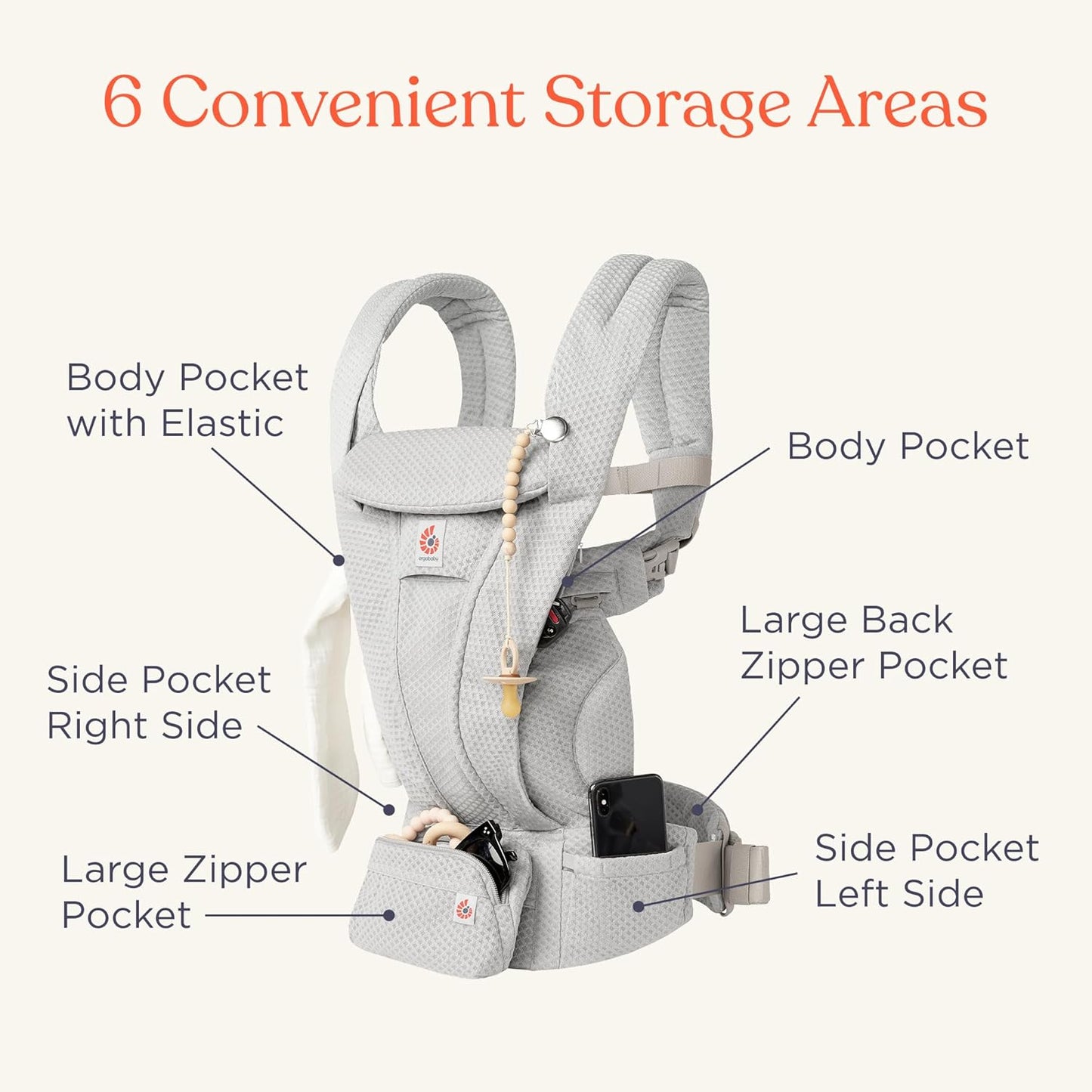 Ergobaby Omni Deluxe Baby Carrier Newborn to Toddler - Breathable Baby Carriers for Summer - All-Position Carrier with Enhanced Lumbar Support & Airflow (7-45 Pounds), Mesh, Pearl Grey