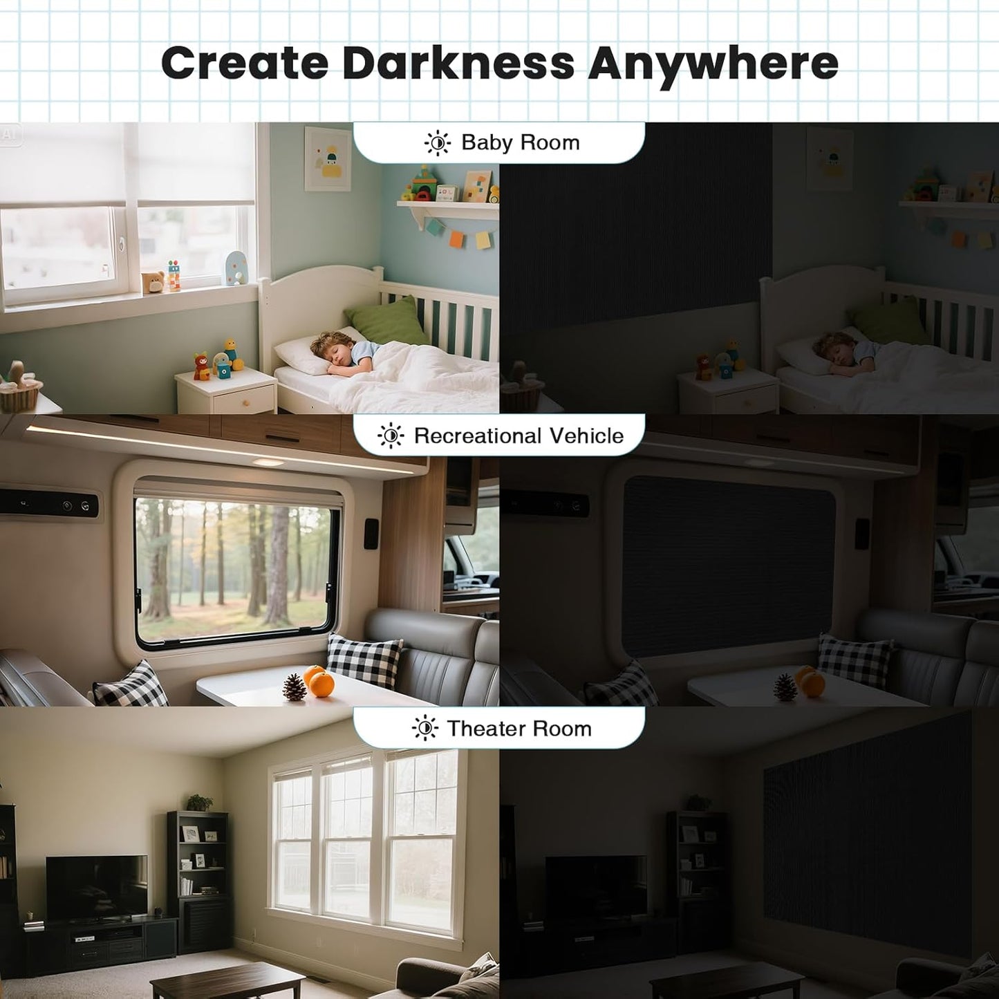 100% Blackout Curtains for Bedroom, 71" x 57" Portable DIY Blackout Blinds with Hook & Loop Tabs Stick-On, Temporary Blackout Shades No Drill, Privacy Pleated Window Shades for Baby Travelers Bedroom