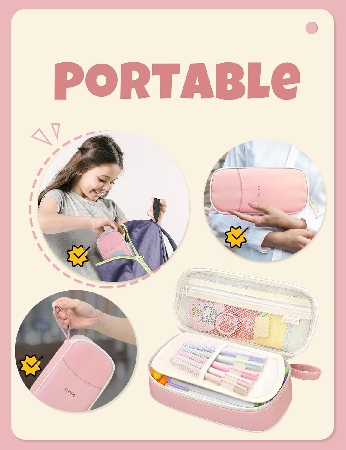 SUNEE Large Pencil Case, Cute Pen Pouch, Aesthetic Zipper Stationery Bag Large Capacity Kawaii Pen Organizer, Pink, Bag Organiser