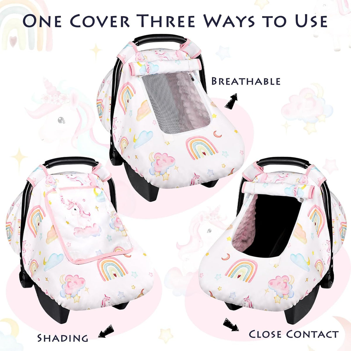 Baby Carseat Cover Girls, Pea Pod Unicorn Infant Car Seat Covers Canopy for Newborn with 2 Layers Windows of Breathable Mesh/Fabric, Lightweight Polyester/Minky Dot Backing, Snug Fit