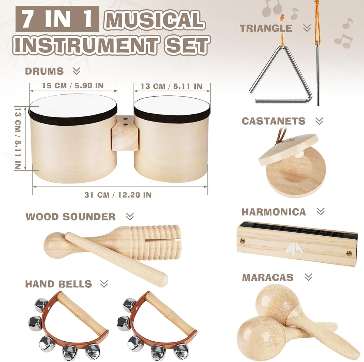 Vanplay Kids Drum Set - Toys for 2 3 Year Old Boy Gifts, Musical Instruments for Toddler 2-4, Birthday Gifts for 3 4 Year Old Girls, Wooden Montessori with Bongo Drum for Kids Age 2 3 4 5 6