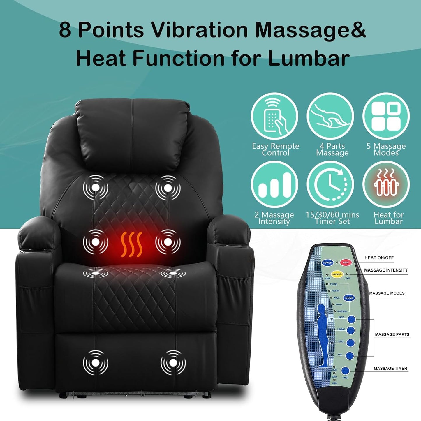 Power Recliner Chair with Heat and Massage for Adults - Home Theater Seating with LED Lights,Cup Holders,Side Pocket,USB Port - Recliner Sofa for Living Room(Black, Set of 2)