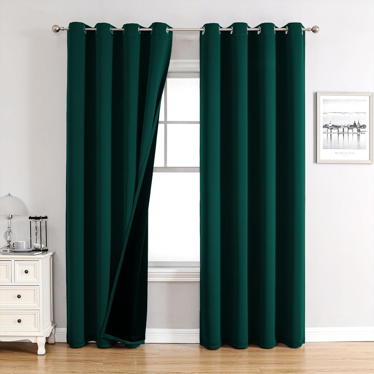 ChrisDowa 100% Blackout Curtains for Bedroom with Black Liner, 2 Thick Layers Total Blackout Thermal Insulated Grommet Window Curtains 2 Panels Set (Forest Green, 52 x 84 Inch)
