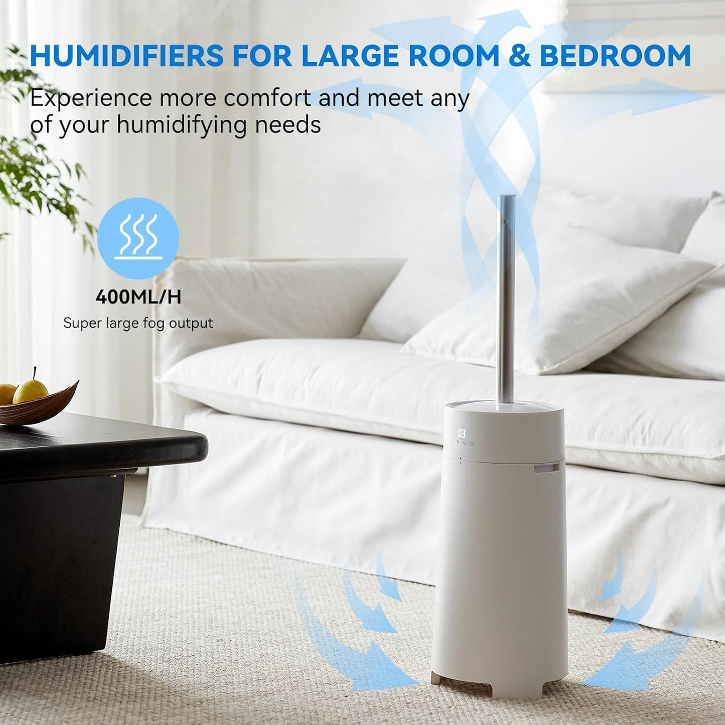 Humidifiers for Bedroom, 5L Quiet Humidifiers for Large Room with Timer, 360°Nozzle, 3 Speed Ultrasonic Cool Mist Humidifier with Humidistat, Suitable for Baby Home Adults Plants (White)