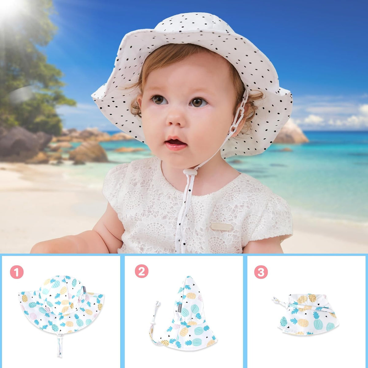 UPF 50+ Baby Bucket Hat - Wide Brim Sun Protection Beach Cap for Girls - Cute & Adjustable Toddler Hat