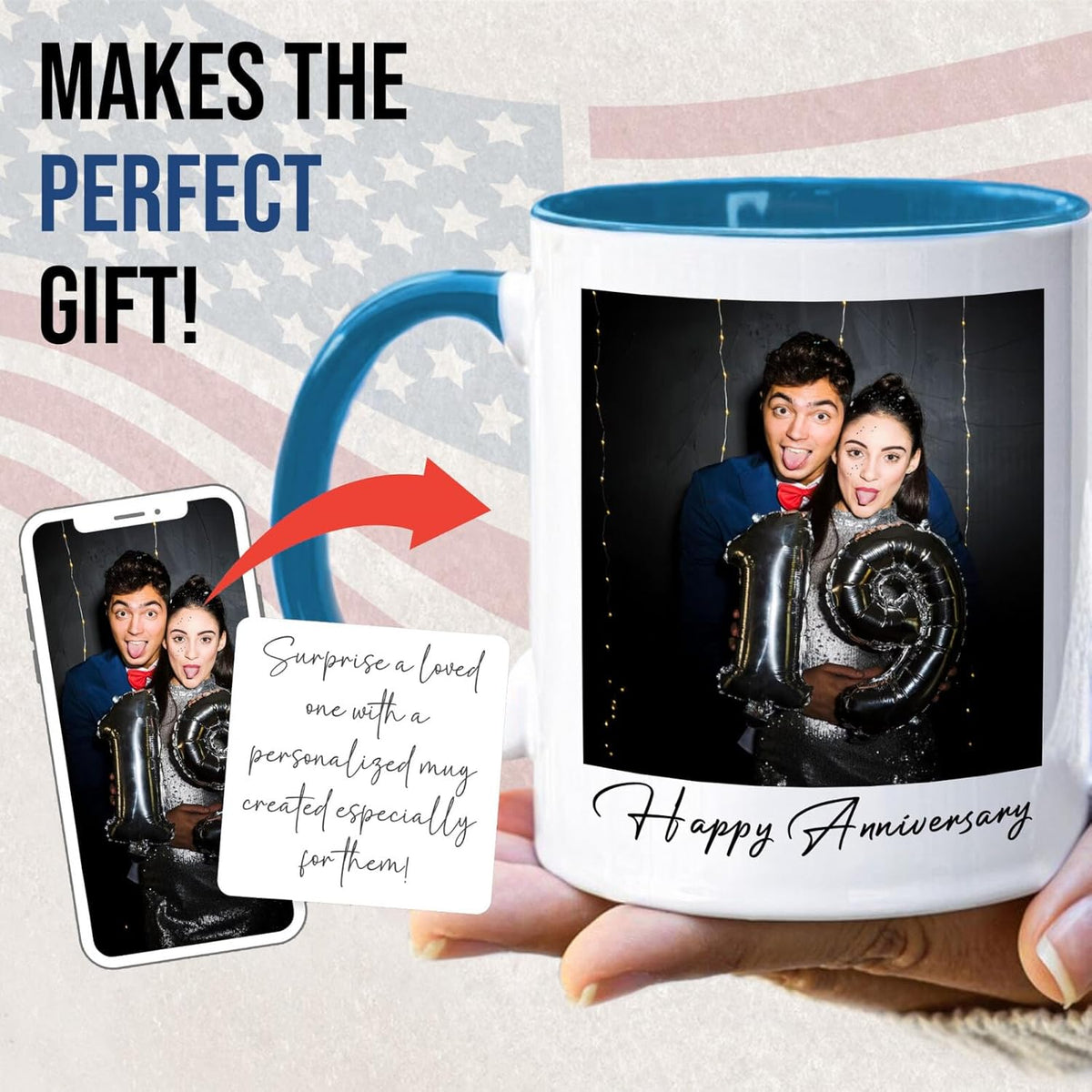 Ship Next Day Custom Mug Design Your Own Photo Text Personalized Picture Gifts for Women Men Customized Gift Idea Personalized Coffee Mugs 11oz Blue Handle